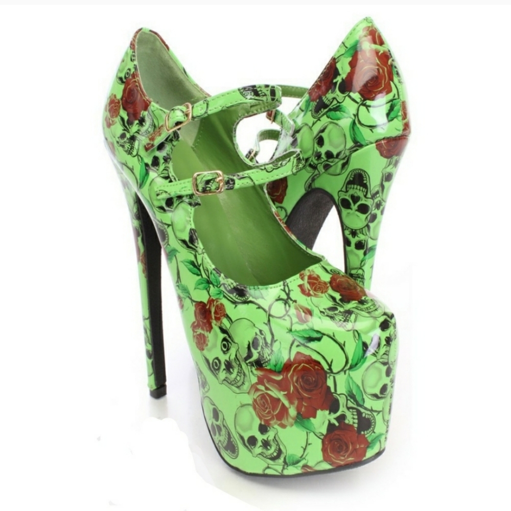 Lime Green Skull and Roses Heels